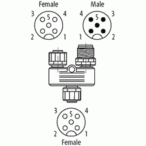 332762 T-COUPLER M12 FEMALE/M12 FEMALE+M12 MALE 0°