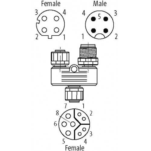7000-47301-0000000 T coupler M12 female / M12 female+male shielded